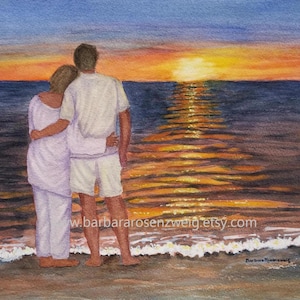 Sunset Beach Couple Watercolor Painting, Ocean View Couple Art, Beach Couple by the Sea Print, Beach Couple Romantic Lovers Art Print