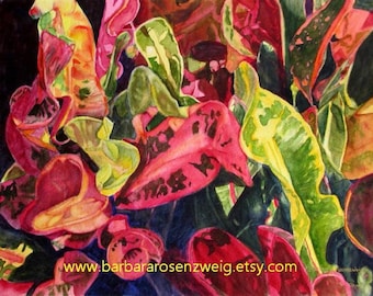 Pintura de acuarela de planta de crotón, arte mural colorido de planta tropical de playa