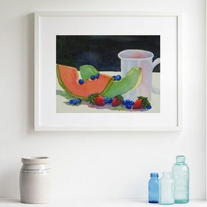 Original Melon Fruit Berries & Mug Watercolor Painting, Coffee Still Life Kitchen Home Décor image 2