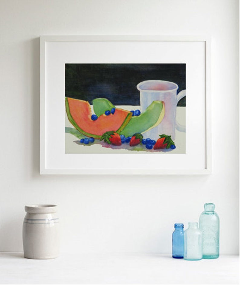 Original Melon Fruit Berries & Mug Watercolor Painting, Coffee Still Life Kitchen Home Décor image 2