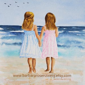 Blond Beach Sisters, Friends, Girls, Twins, Children Seashore Fun Watercolor Painting, Gift for Mom,  Coastal Girls Room Décor, Child&#39;s Room