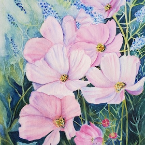 Pink Cosmos Flower Watercolor Painting, Cosmos Floral Fine Art Print Room Home Decor, Garden Flower Decor Wall Art, Canvas Giclee Print