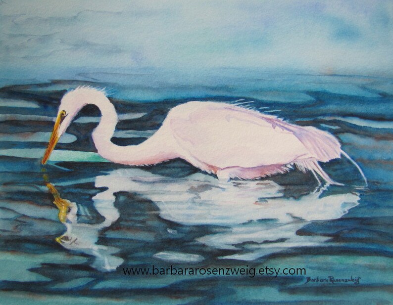 White American Egret Original Watercolor Painting image 1