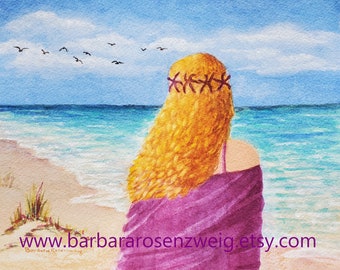 Coastal Décor Watercolor Painting, Anna Maria Island Art, Peaceful Beach Girl Print, Valentine Gift