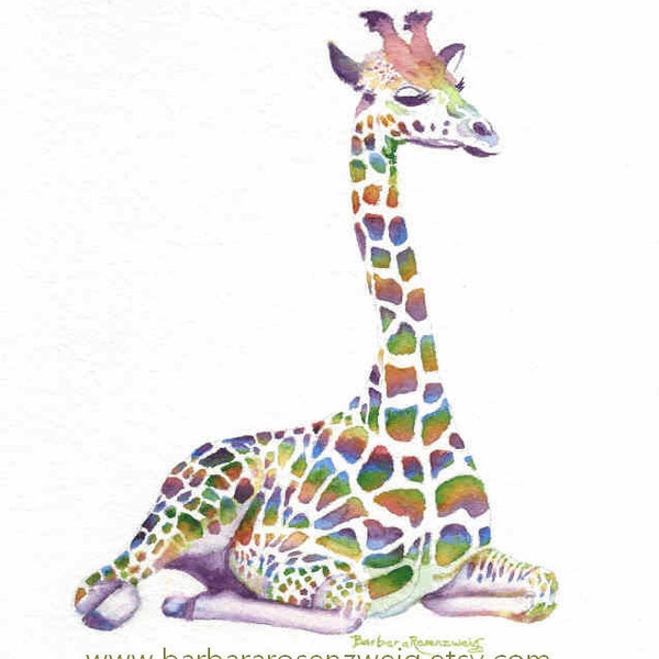 Rainbow Giraffe Baby Art Print, Nursery Wall Art Watercolor Painting, Kids Room Décor