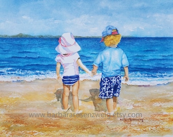 Loving Beach Girl and Boy Art Print of Original Watercolor Painting, Peaceful Kids Room Coastal Wall Art Décor