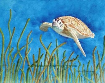 Sea Turtle Art Print, Watercolor Painting, Turtle Wall Art