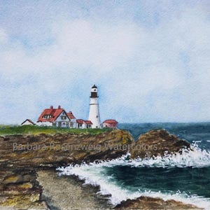 Lighthouse Watercolor Painting Art Print, Coastal Lighthouse Canvas Print,  Portland Head Lighthouse, Maine Coastal Wall Art Print