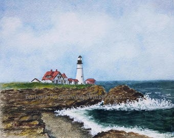 Portland Head Lighthouse Aquarell Kunstdruck: Maine Küstenmalerei