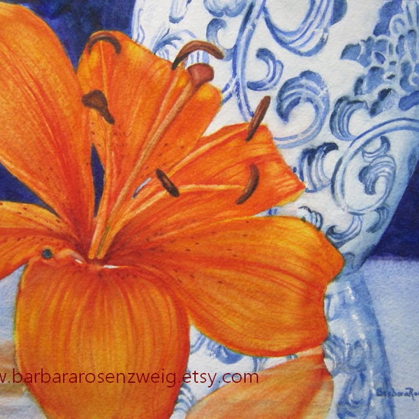 Kitchen Home Décor, Blue Ming Vase & Orange Lily Flower Print, Ginger Jar Wall Art