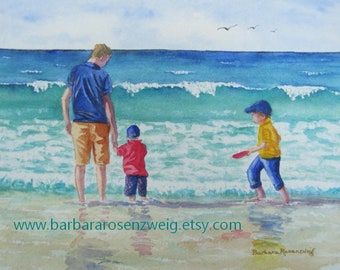 Family Beach Painting, Coastal Décor Wall Art, Children on the Beach