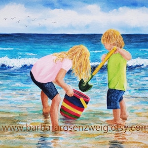Beach Day Watercolor Art Print: Brother & Sister Seashore Painting
