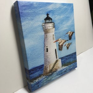 Lighthouse Watercolor Painting Art Print, Pelican Art, Lighthouse Art, Canvas Wall Art, Coastal Decor, Lighthouse Decor, Nautical Print image 4