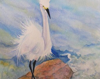 Egret Watercolor Painting: Coastal Beach Bird Art, Giclee Canvas Print