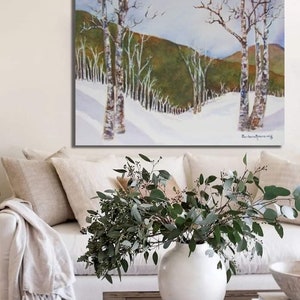 Birch Trees in Winter Watercolor Painting, Snow Art Print, Rustic Home Décor Nature Gift image 2