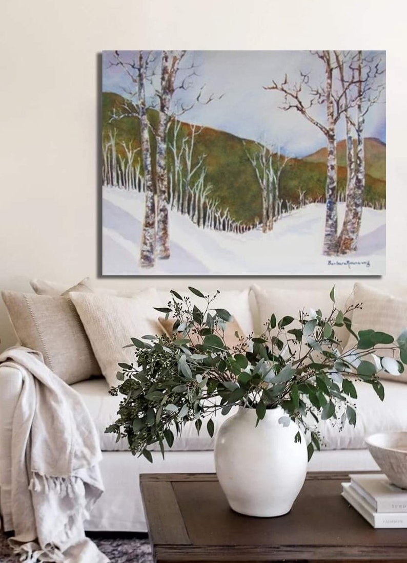 Birch Trees in Winter Watercolor Painting, Snow Art Print, Rustic Home Décor Nature Gift image 2