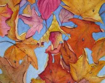 Autumn Leaves Watercolor Painting, Rustic Home Decor