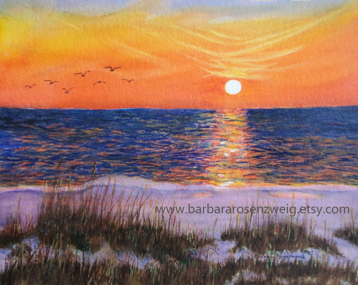 Beach Sunset Dunes Watercolor Painting Sea Oats Coastal Décor Etsy