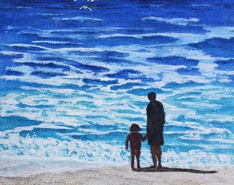 Beach Dad and Child Print of Original Watercolor Painting, Peaceful Precious Family Moments