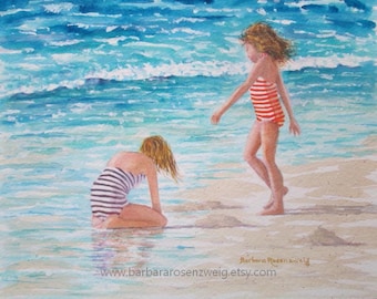 Beach Sisters Watercolor Art Print: Coastal Girls Room Decor