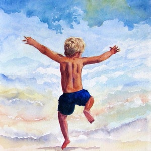 Beach Boy Running in the Surf Art Print of Original Watercolor Painting, Boys Room Wall Art image 1