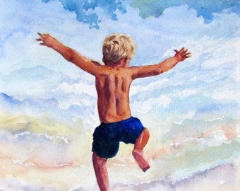 Beach Boy Running in the Surf Art Print of Original Watercolor Painting, Boys Room Wall Art