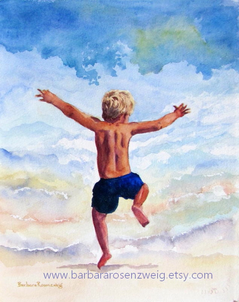 Beach Boy Running in the Surf Art Print of Original Watercolor Painting, Boys Room Wall Art image 1