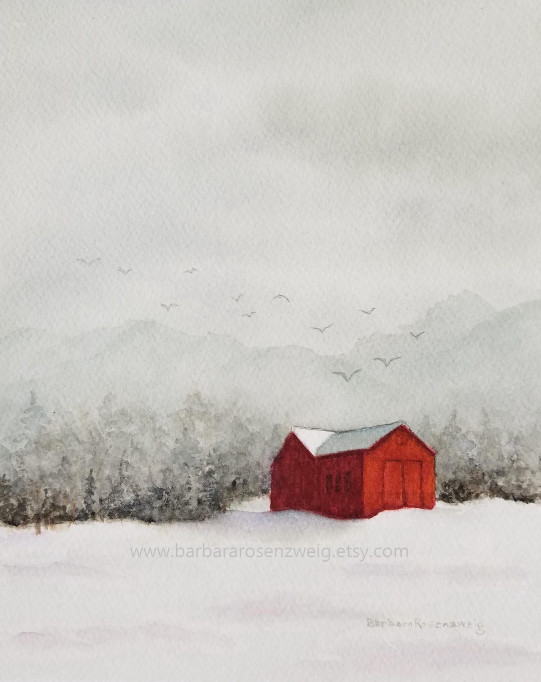 Red Barn in Snow Watercolor Painting: Rustic Americana Winter Landscape ...
