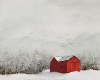 Red Barn in Snow Watercolor Painting: Rustic Americana Winter Landscape Art Print