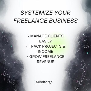 May include: An abstract graphic with the text "SYSTEMIZE YOUR FREELANCE BUSINESS." Bullet points list: "MANAGE CLIENTS EASILY," "TRACK PROJECTS & INCOME," and "GROW FREELANCE REVENUE." The Mindforge logo is at the bottom. The background has dark and light green and black watercolor-like shapes.