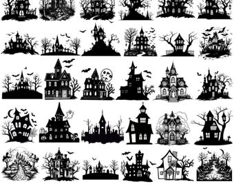 30 Haunted House Svg Bundle, Spooky Halloween Mansion Png, Gothic Castle Clipart,Haunted House Svg, Cut Files For Cricut, Instant Download