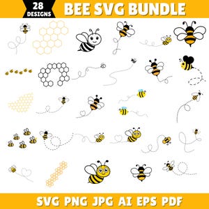 May include: A collection of 28 bee-themed SVG designs. The designs include various cartoon bees, honeycomb patterns, and dotted flight paths. The bees are primarily yellow and black, with white wings. The text "BEE SVG BUNDLE" is at the top.
