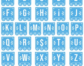 May include: A digital collection of twenty-six light blue square panels featuring white capital letters from A to Z. Each panel displays a decorative cutout border with floral motifs and scalloped edges, mimicking the style of traditional paper banners.