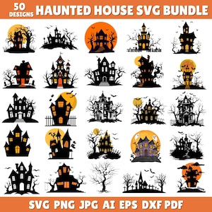 Könnte beinhalten: Eine Sammlung von 50 Geisterhaus-Designs in den Formaten SVG, PNG, JPG, AI, EPS und DXF PDF. Die Designs zeigen verschiedene gruselige Häuser, Silhouetten und Vollmonde, ideal für Halloween-Projekte. Der Text "HAUNTED HOUSE SVG BUNDLE" steht oben.