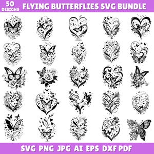 Könnte beinhalten: Eine Sammlung von 50 schwarz-weißen Schmetterlingsdesigns in verschiedenen Stilen. Die Designs umfassen Schmetterlinge, Herzen und florale Elemente. Der Text "FLYING BUTTERFLIES SVG BUNDLE" steht oben, Dateitypoptionen unten.