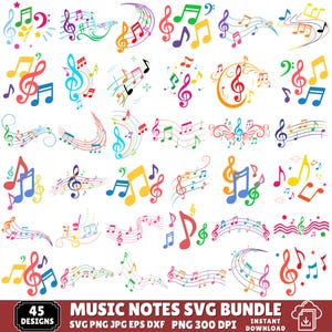 Pode incluir: Uma coleção de quarenta e cinco designs coloridos de notas musicais com várias claves de sol, claves de fá e pautas em vermelho, azul, verde, amarelo e roxo. O banner inferior exibe o texto MUSIC NOTES SVG BUNDLE 45 DESIGNS.
