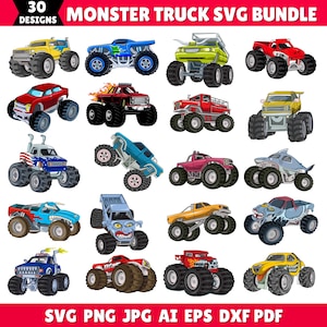 May include: A collection of 30 cartoon monster truck designs in various colors, including red, blue, yellow, and green. The image includes the text "MONSTER TRUCK SVG BUNDLE" and file type options: SVG, PNG, JPG, AI, EPS, and DXF PDF.