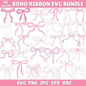 May include: A collection of 45 pink ribbon designs in various styles, including bows and flowing ribbons. The text "BOHO RIBBON SVG BUNDLE" is at the top, with file type options at the bottom: SVG, PNG, JPG, EPS, and DXF.