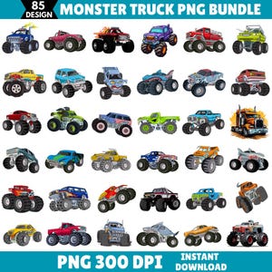 May include: A collection of 35 colorful monster truck designs in various colors and styles. The image includes the text "MONSTER TRUCK PNG BUNDLE" and "85 DESIGN". The bottom of the image includes the text "PNG 300 DPI" and "INSTANT DOWNLOAD".