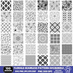 May include: A digital collection of 100 seamless patterns featuring black and white line art designs including floral motifs, mandalas, geometric shapes, and abstract patterns. The text reads 100 DESIGNS FLORALS SEAMLESS PATTERN SVG BUNDLE.