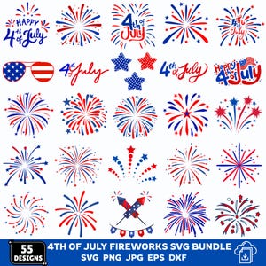 Op de afbeelding: Een digitale collectie van 55 grafische ontwerpen met het thema 4 juli, voorzien van rood, wit en blauw vuurwerk, sterren, zonnebrillen met Amerikaanse vlagpatronen en de tekst Happy 4th of July, gerangschikt in een raster op een witte achtergrond.