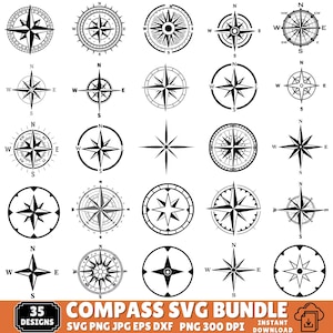 May include: A collection of 35 black and white compass rose designs featuring various nautical star patterns, circular borders, and cardinal direction markers. The graphic set includes diverse navigational symbols with clean lines and geometric shapes.