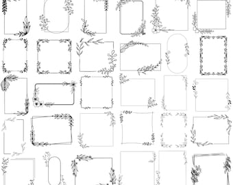 May include: A collection of 30 floral frame designs in black and white. The frames vary in shape, including rectangles and ovals, and are adorned with delicate botanical illustrations. The text "FLORAL FRAME SVG BUNDLE" and file type options are displayed.