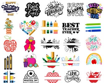 May include: A collection of 25 teacher-themed SVG designs. The designs include phrases like "Best Teacher Ever," "Happy Teacher's Day," and "Best Wishes." The designs also feature school-related graphics such as pencils, apples, and rulers. The file formats are SVG, PNG, JPG, AI, EPS, and DXF.