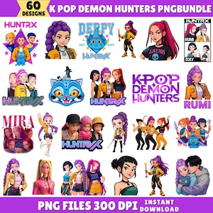 Può includere: Un pacchetto di arte digitale con 60 design di K-Pop Demon Hunters. Le immagini mostrano personaggi con colori vivaci, tra cui viola, giallo e blu. Gli elementi testuali includono "HUNTRX", "DERPY" e "K-POP DEMON HUNTERS". Il pacchetto è disponibile come file PNG a 300 DPI.