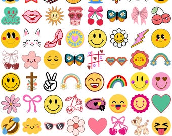 60 Happy Face Svg Bundle, Retro Smiley Png, Cute Emoji Clipart, Preppy Aesthetic Svg,Trendy Svg, Groovy Daisy Vector,Cricut Instant Download