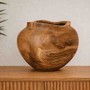 Puede incluir: Un cuenco de madera redondeado con un acabado marrón natural, que presenta patrones de veta de madera visibles y un borde liso, orgánico y ondulado. El cuenco tiene un cuerpo ancho y bulboso que se estrecha hacia la abertura superior.