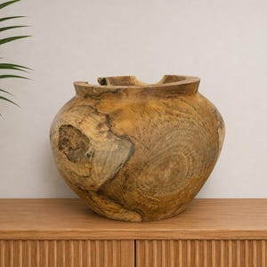 Puede incluir: Un recipiente de madera de tono natural con forma redondeada, una parte superior ancha y abierta y un borde grueso e irregular. El exterior muestra un patrón de veta de madera, nudos visibles y texturas orgánicas en tonos marrones claros y oscuros.