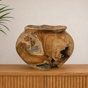Peut inclure: Un bol arrondi sculpté dans du bois brun naturel, présentant une large ouverture, des motifs de grain tourbillonnants organiques et une cavité creuse proéminente sur le côté. Le récipient a un bord épais et irrégulier et une base solide.