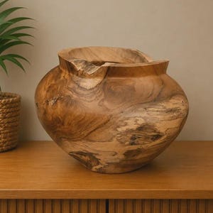 Peut inclure: Un bol en bois arrondi sculpté dans une seule pièce de bois brun clair, présentant un motif de grain naturel, une large ouverture et un bord épais et irrégulier avec un nœud visible et une texture organique sur toute la surface.